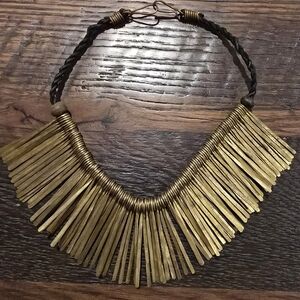 Stella & Dot Essential Fringe gold-toned statement necklace braided leather cord